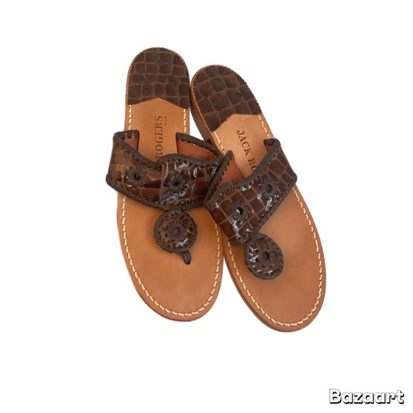 Jack Rogers Shoes - JACK ROGERS BROWN MOC CROC ALLIGATOR ICONIC THONG FLIP FLOP SANDALS 8